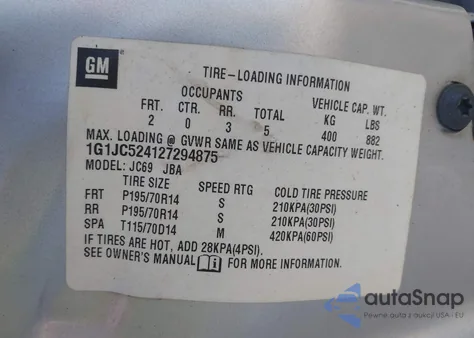 2002 Chevrolet Cavalier z USA, uszkodzony, nr VIN 1G1JC524127294875